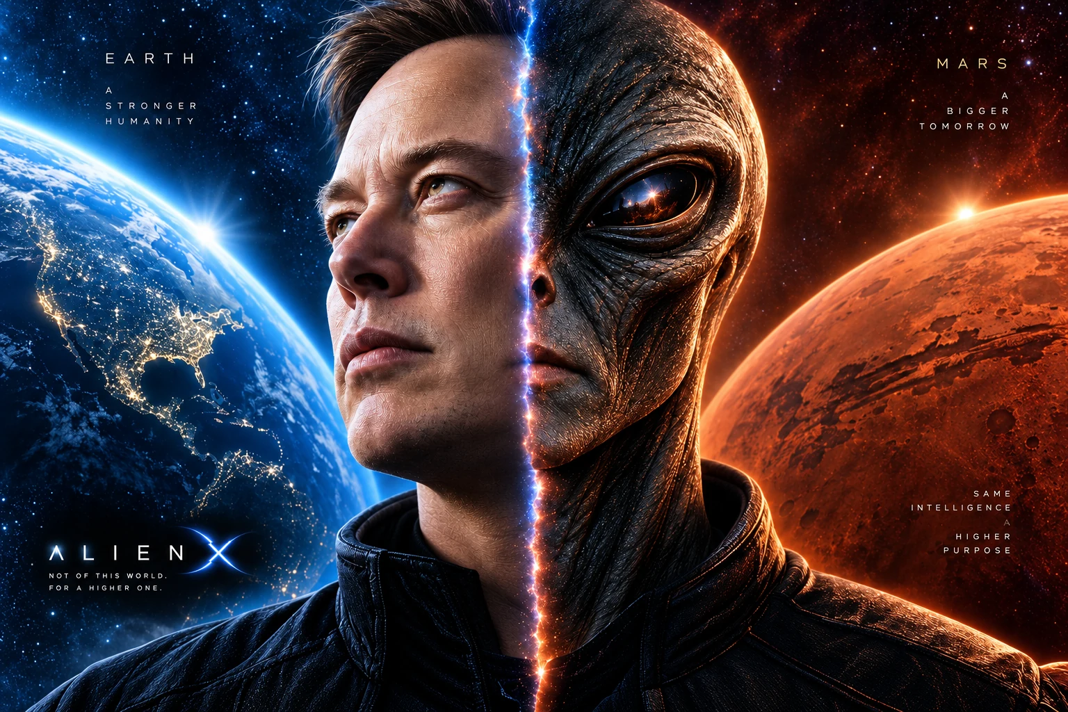 Alien X split between his human identity on Earth and alien identity on Mars